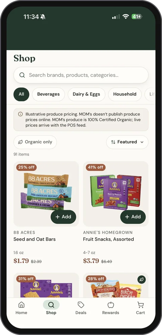 Shop: search by brand, product or department, with an organic-only filter