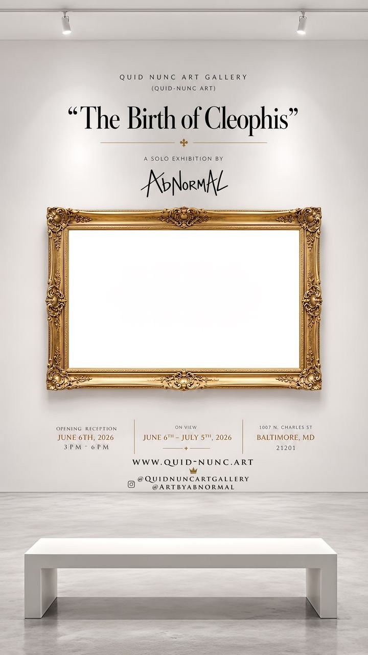 The Birth of Cleophis exhibition poster: an empty gilded frame on a gallery wall