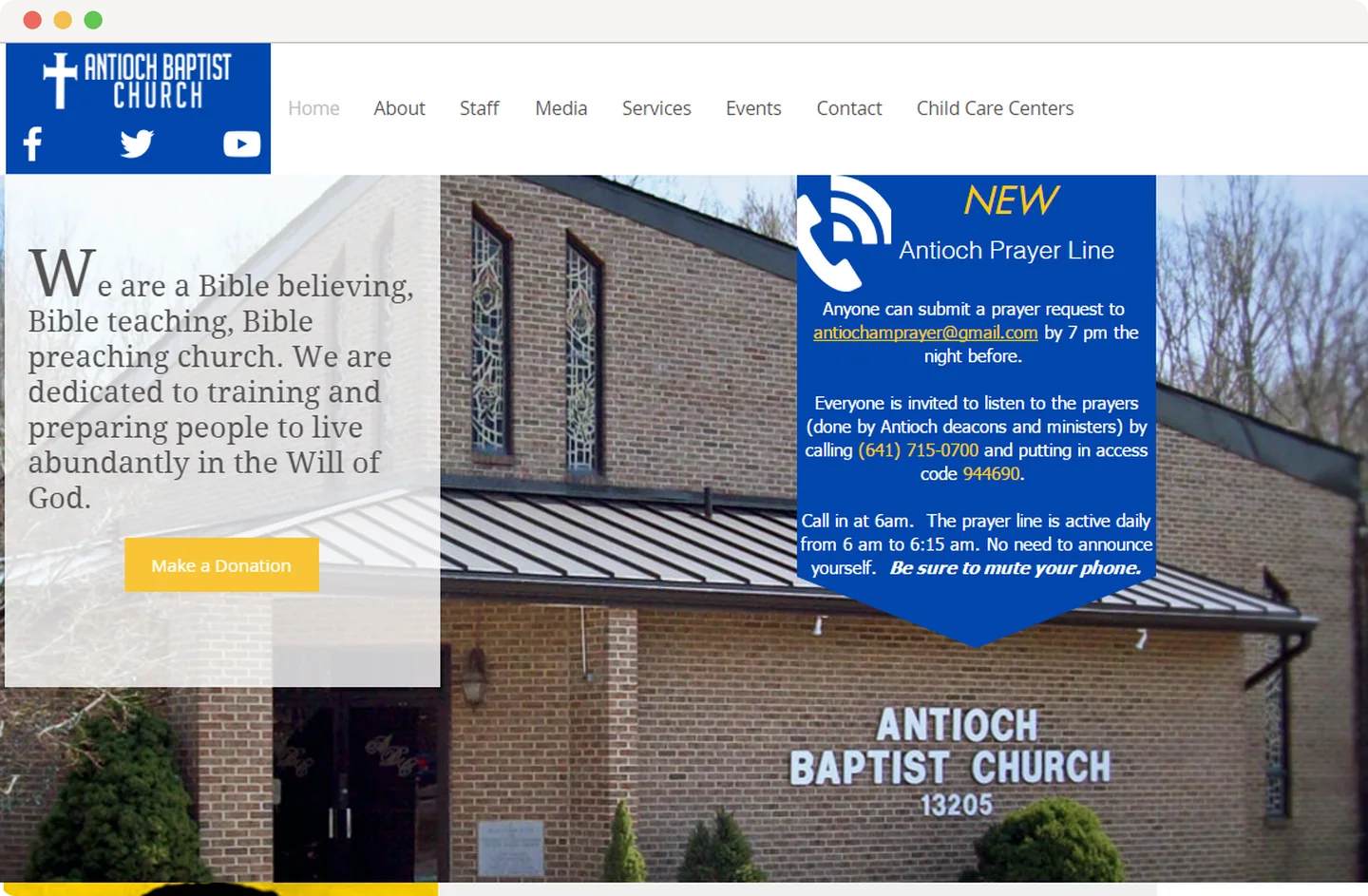 The Antioch Baptist Church home page on desktop
