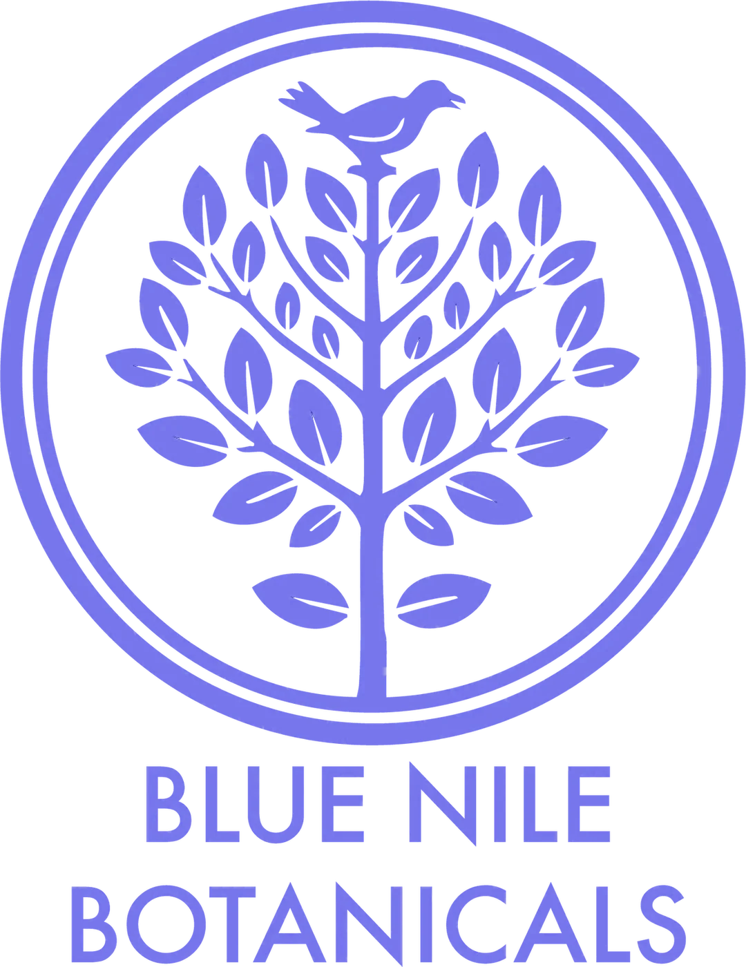 Blue Nile Botanicals seal in navy: a bird on a tree of life inside a ring, over the name