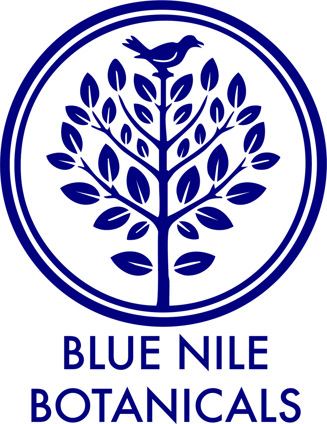 Blue Nile Botanicals seal in navy: a bird on a tree of life inside a ring, over the name