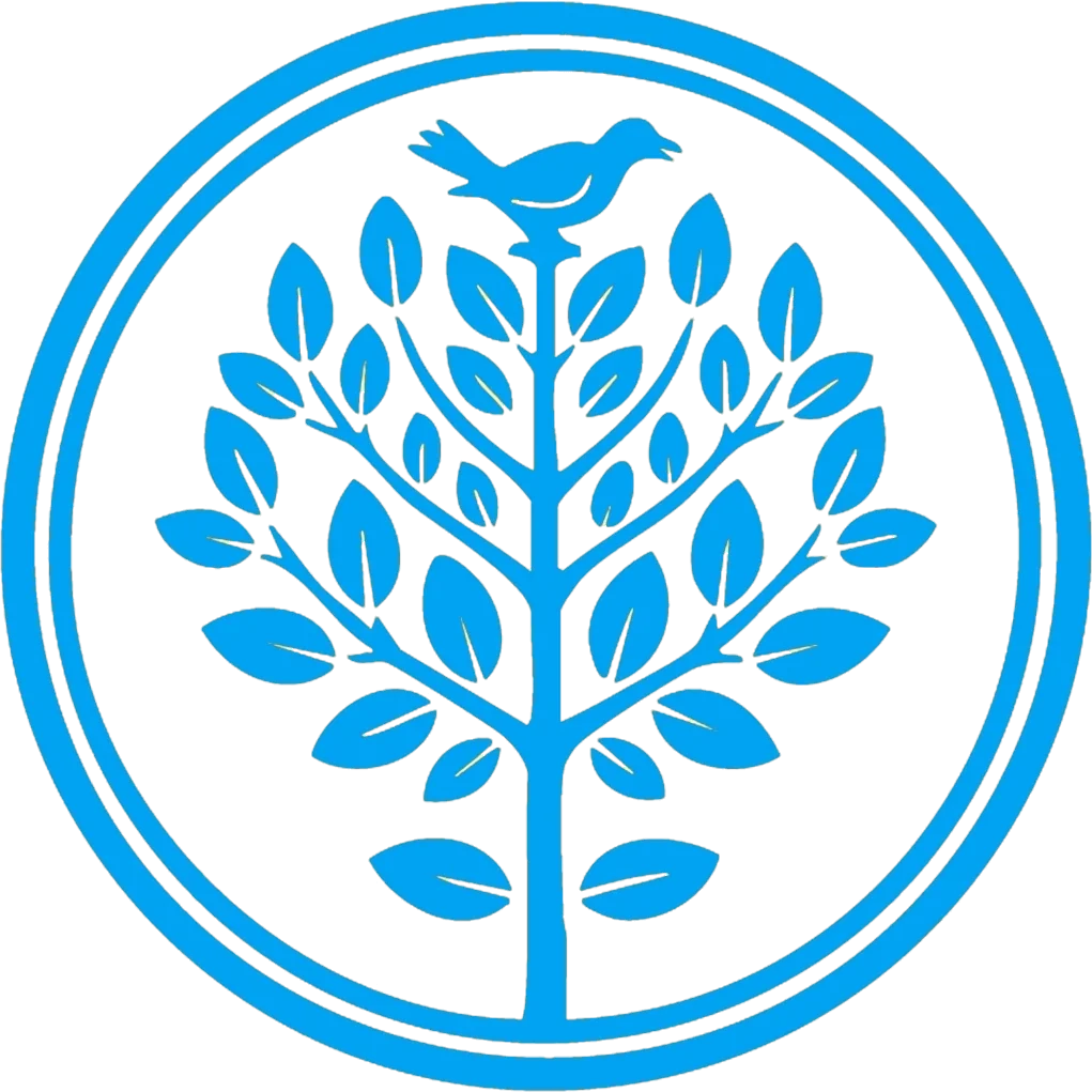 The Blue Nile Botanicals seal in sky blue on pale yellow