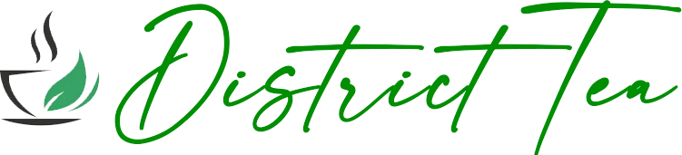 District Tea script logo with its leaf-and-cup icon