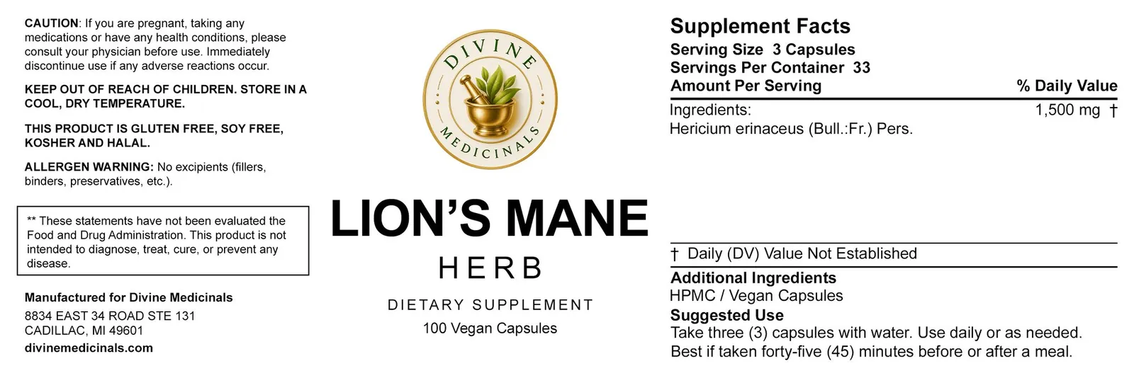 Flat wrap label for Lion’s Mane, with the supplement facts panel