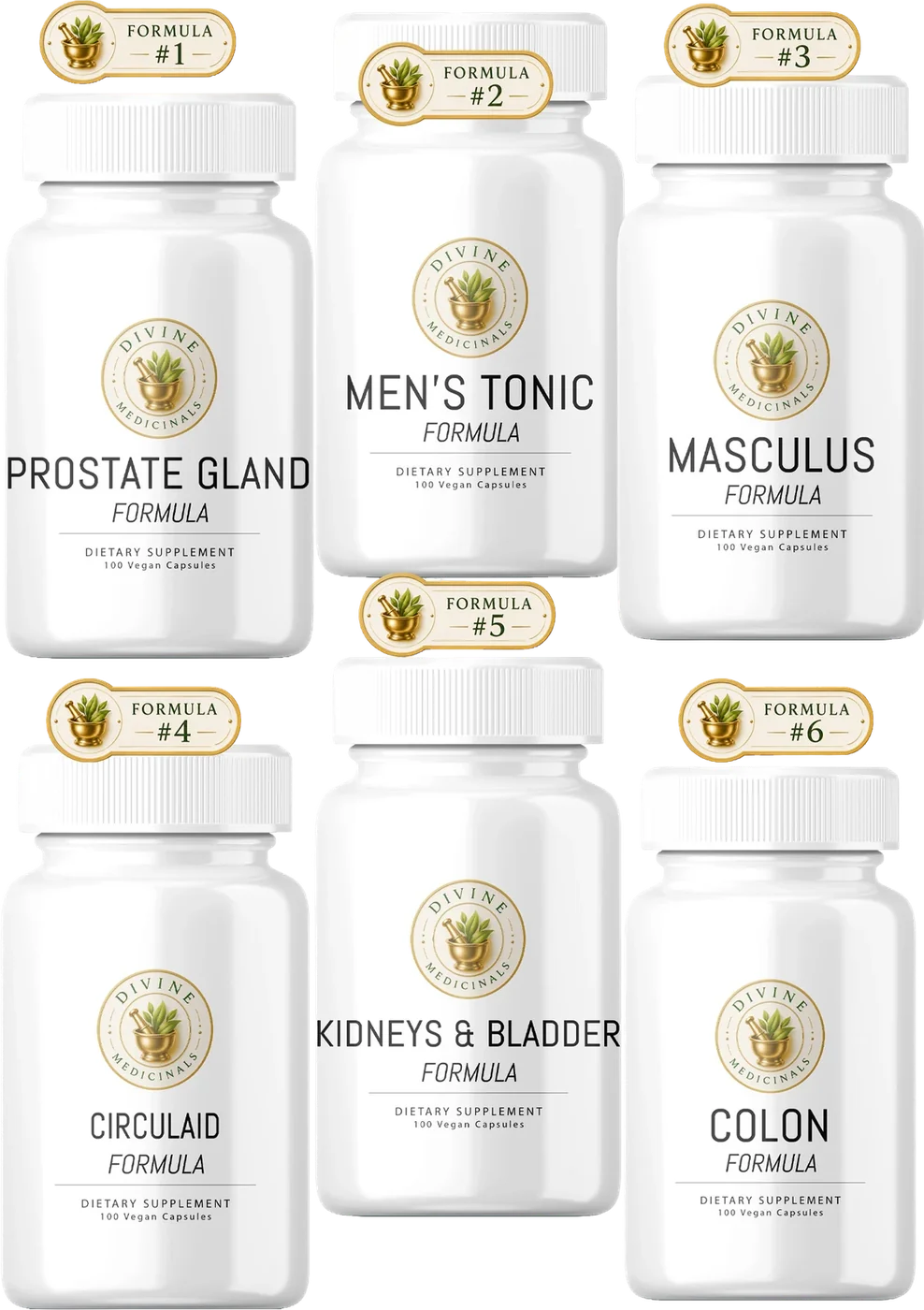 Total Man kit: six numbered capsule bottles