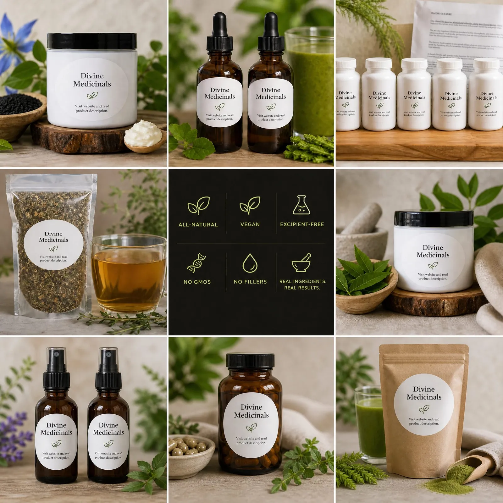 Styled product-page scenes: a spray, a tincture, a cream jar, capsules and a tea pouch