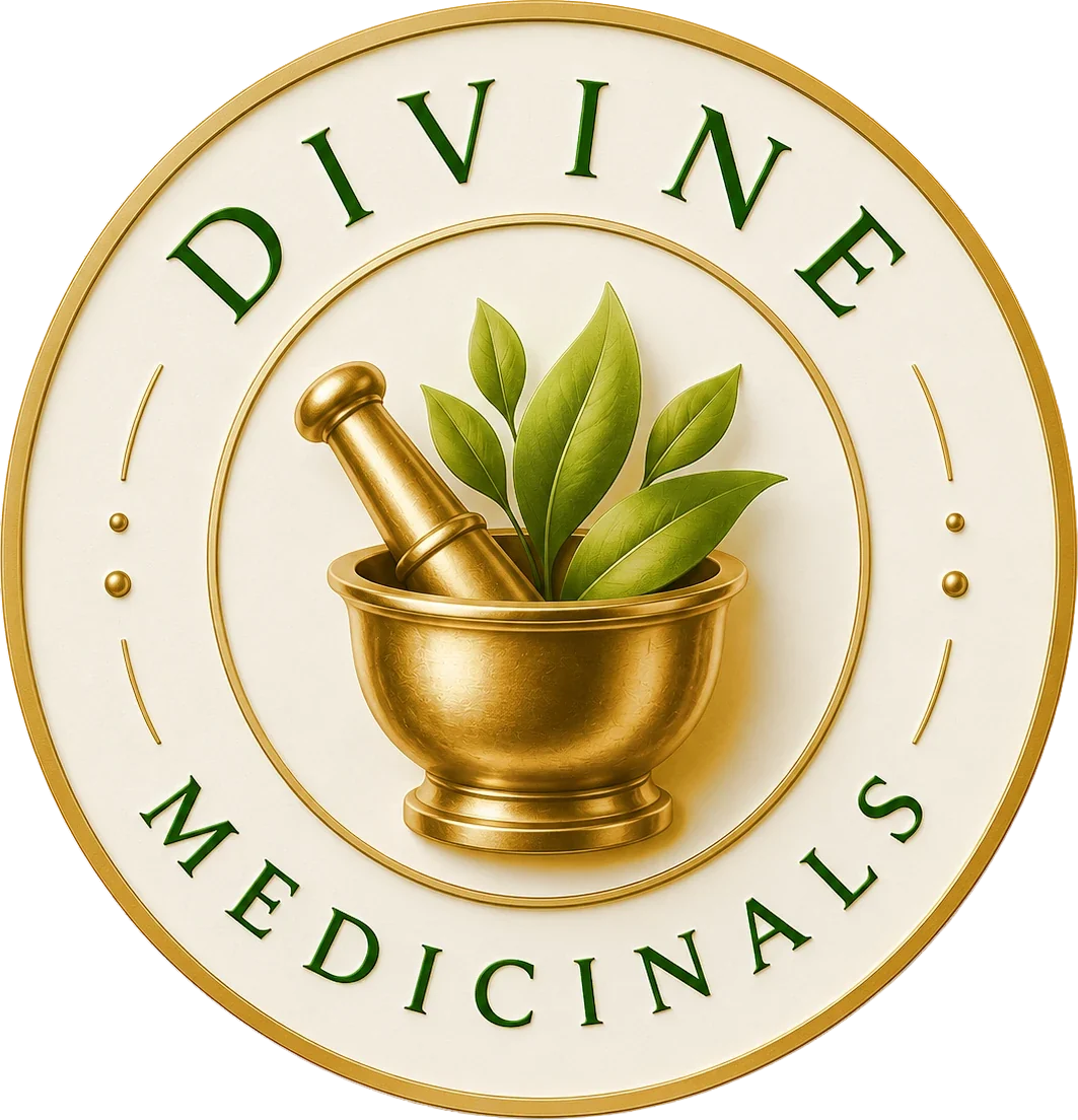 Divine Medicinals seal: a gold mortar and pestle with herbs inside a cream and gold ring