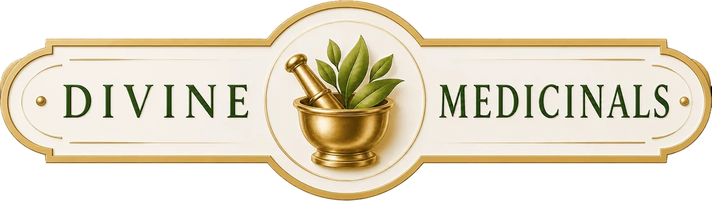 Divine Medicinals horizontal lockup: the seal between the two words