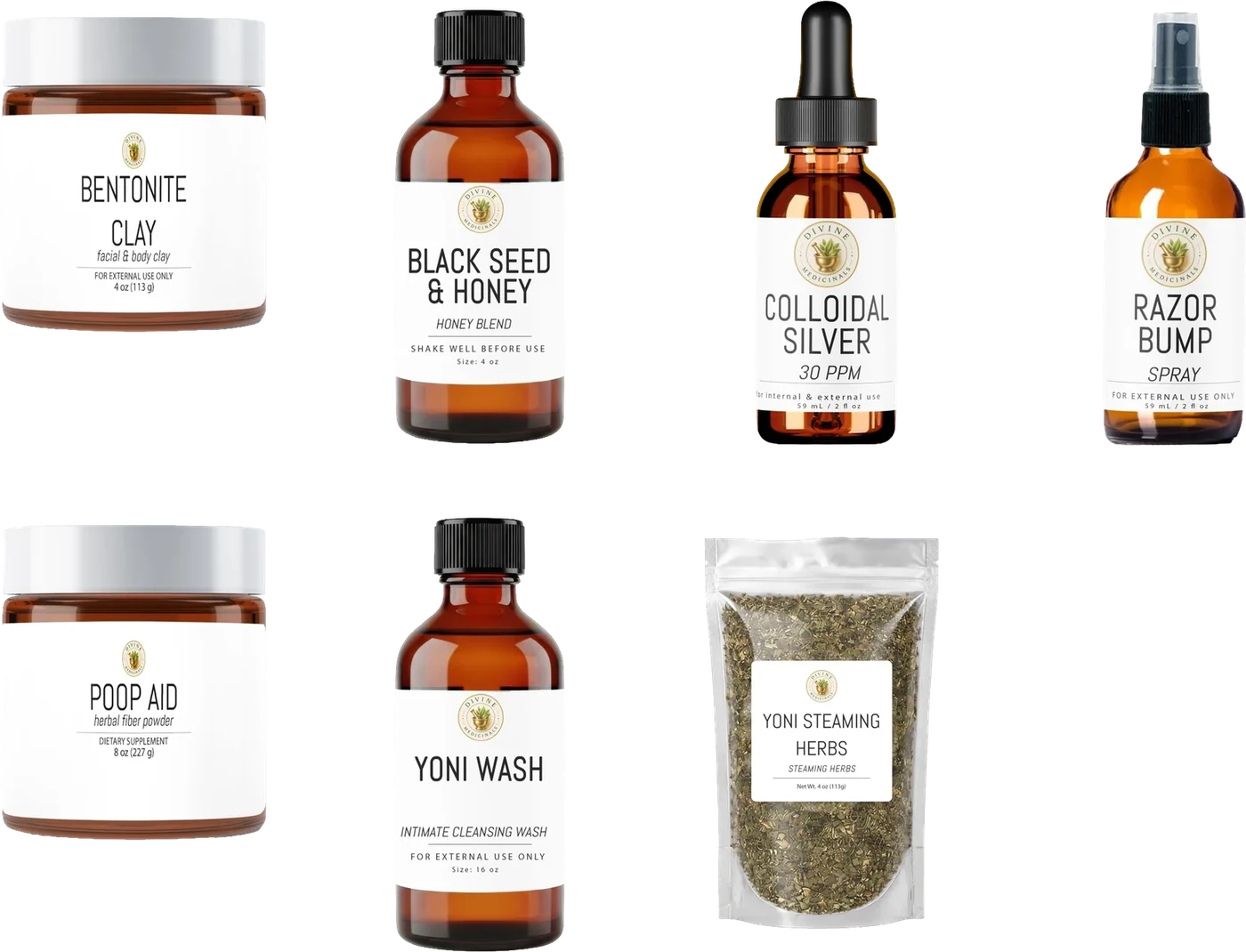 Approval board for the new line: jars, bottles, a dropper, a spray and a pouch
