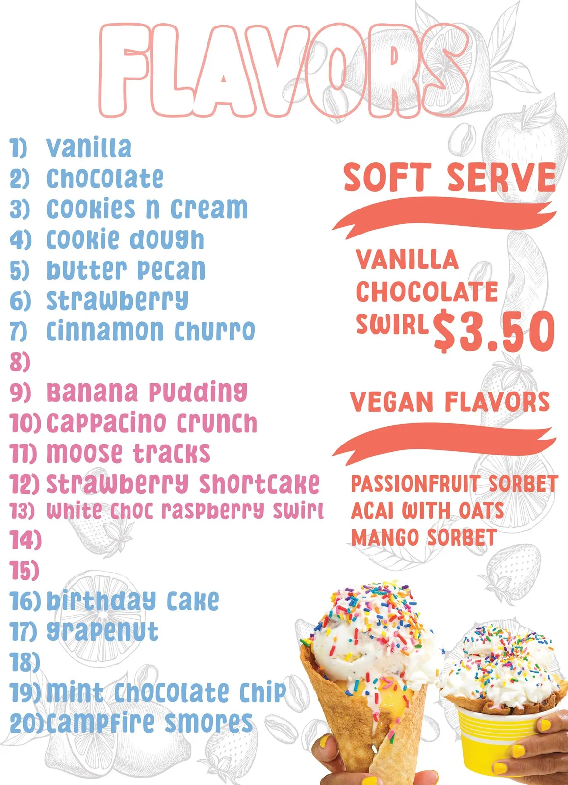 Flavor menu board, light version: twenty flavors, soft serve and vegan flavors