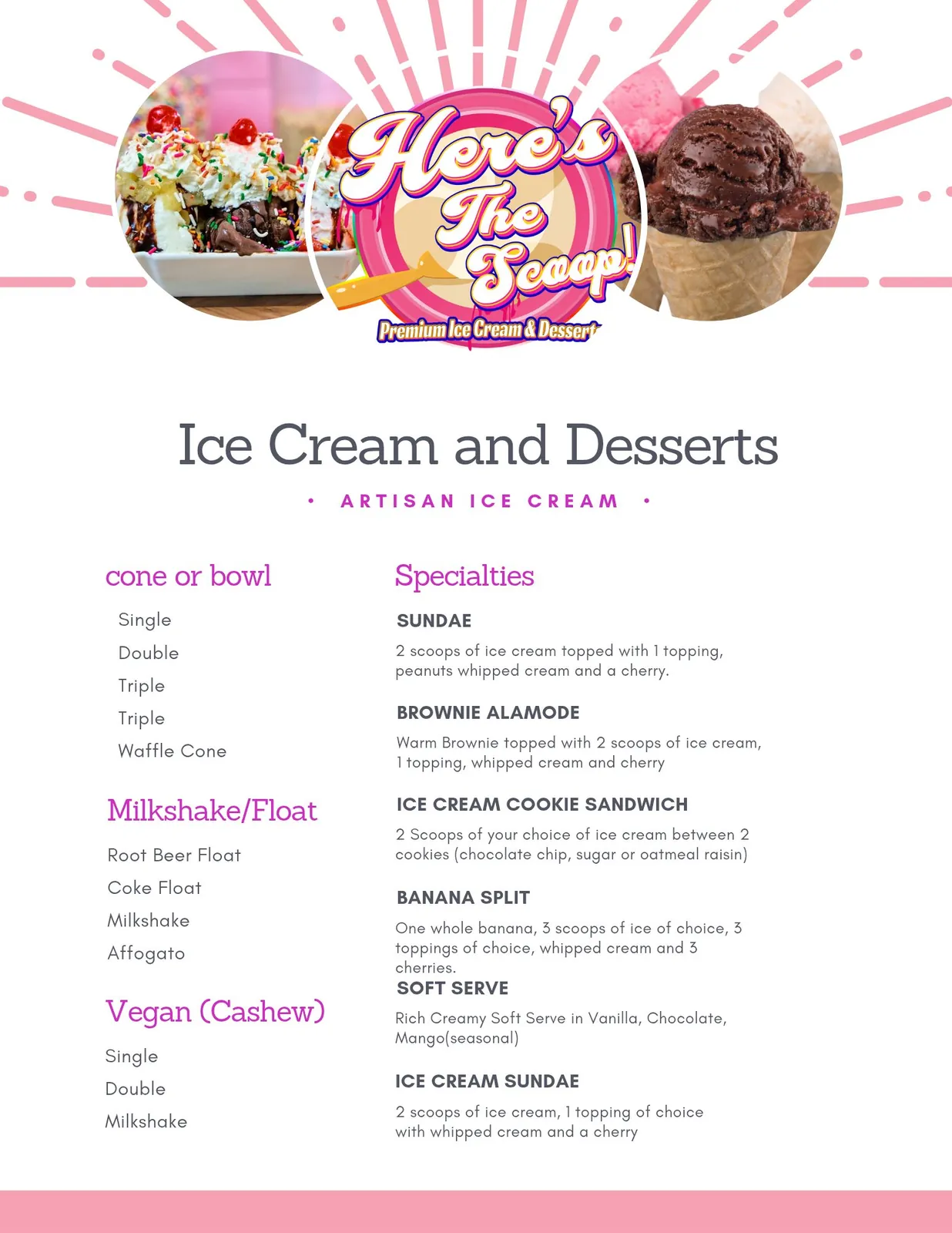 In-store ice cream and desserts menu with a photo header
