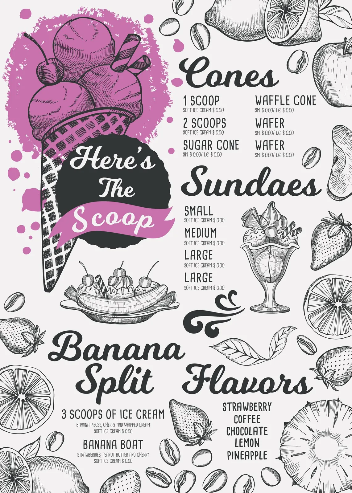 Menu concept drawn in an engraving style: cones, sundaes, banana split and flavors