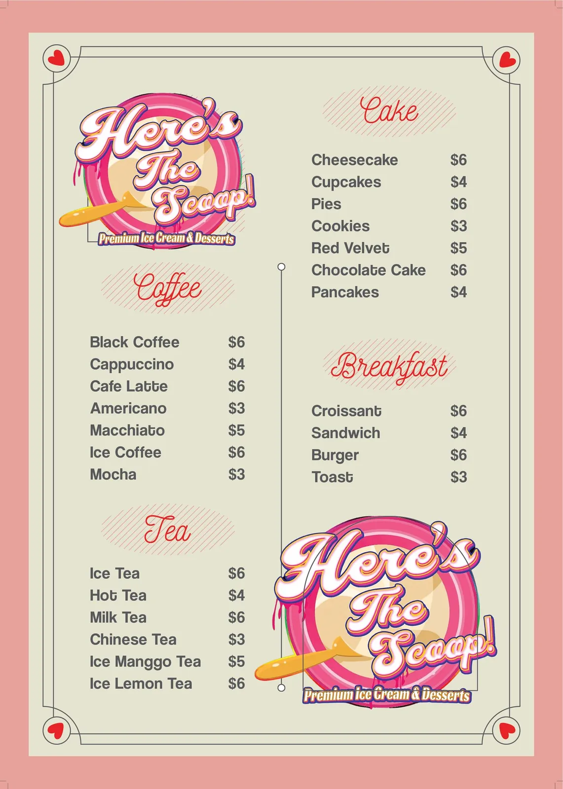Two-page café menu concept in pink and cream, first page: coffee, tea, cake and breakfast