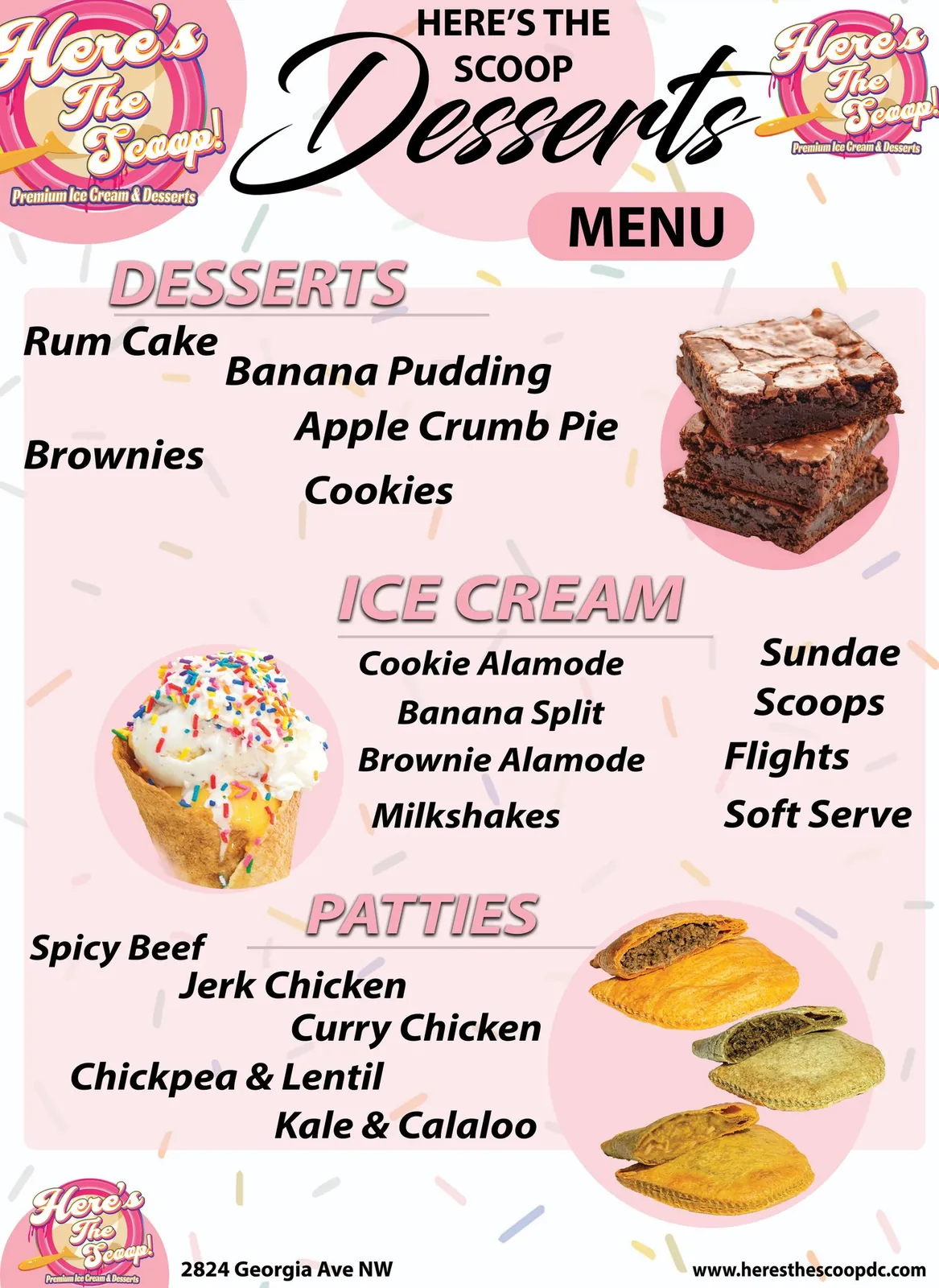 Here’s The Scoop sidewalk desserts menu in pink: desserts, ice cream and patties