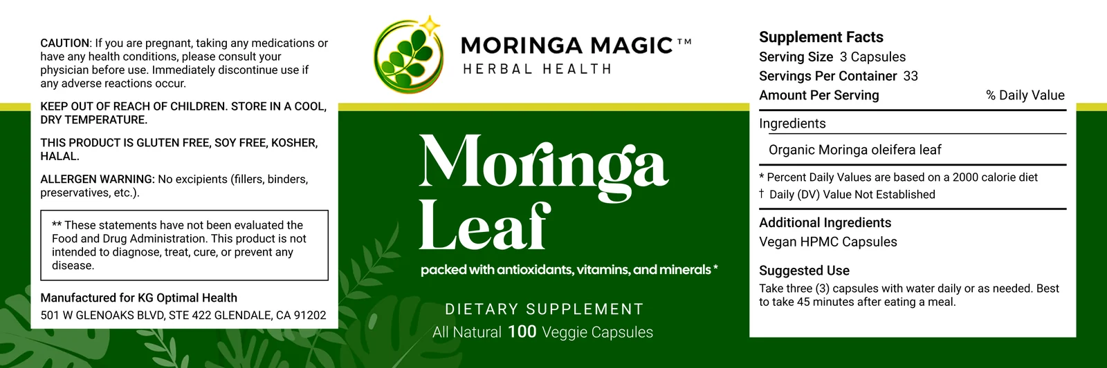 Full-wrap label for Moringa Leaf capsules