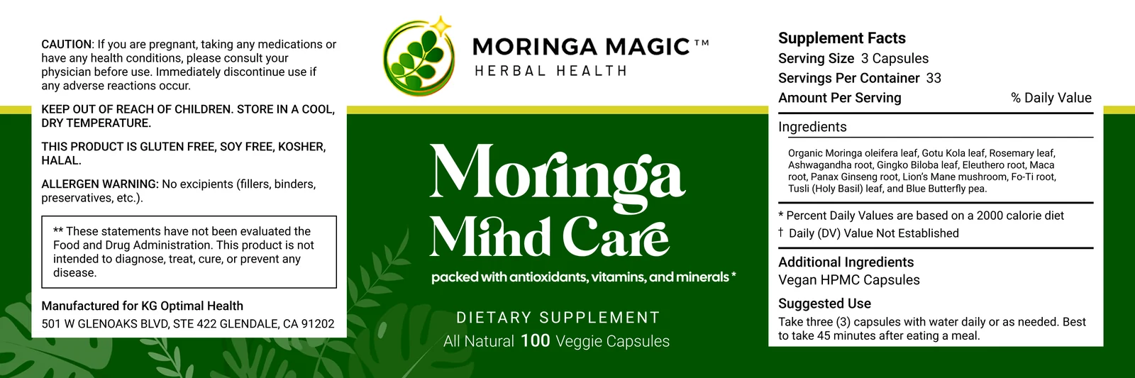 Full-wrap label for Moringa Mind Care capsules