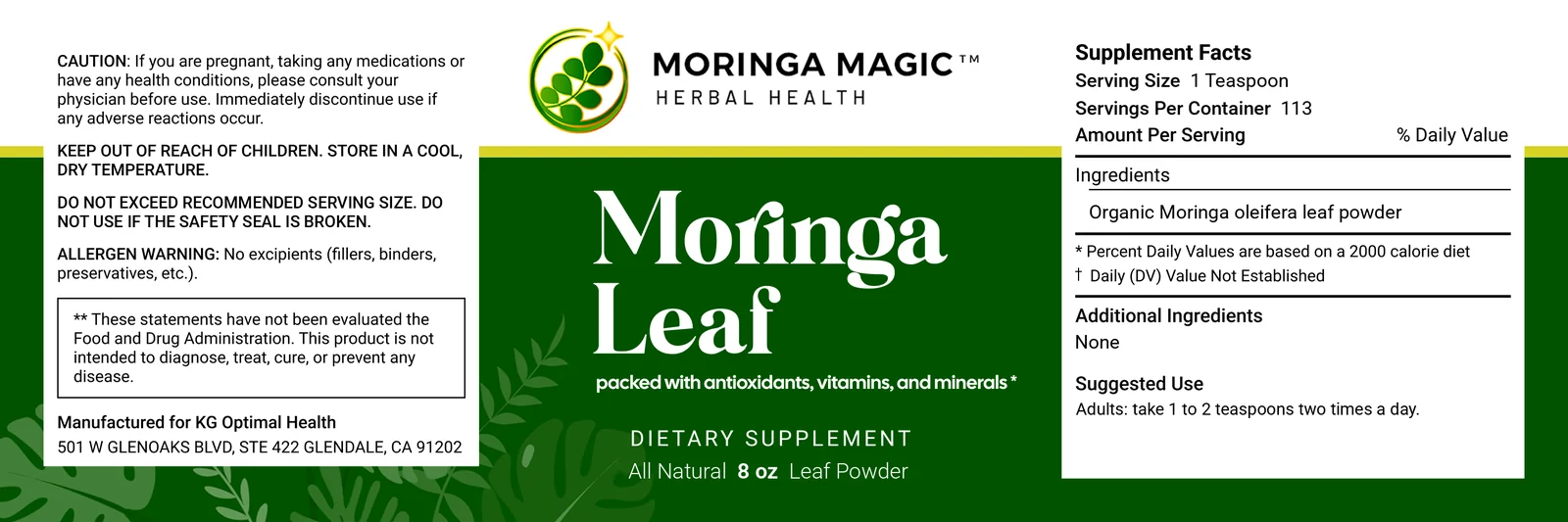 Pouch label for Moringa Leaf Powder, 8 oz