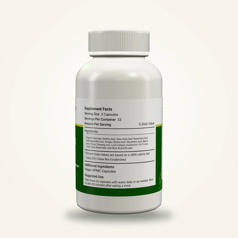 Moringa Mind Care bottle turned to its Supplement Facts panel