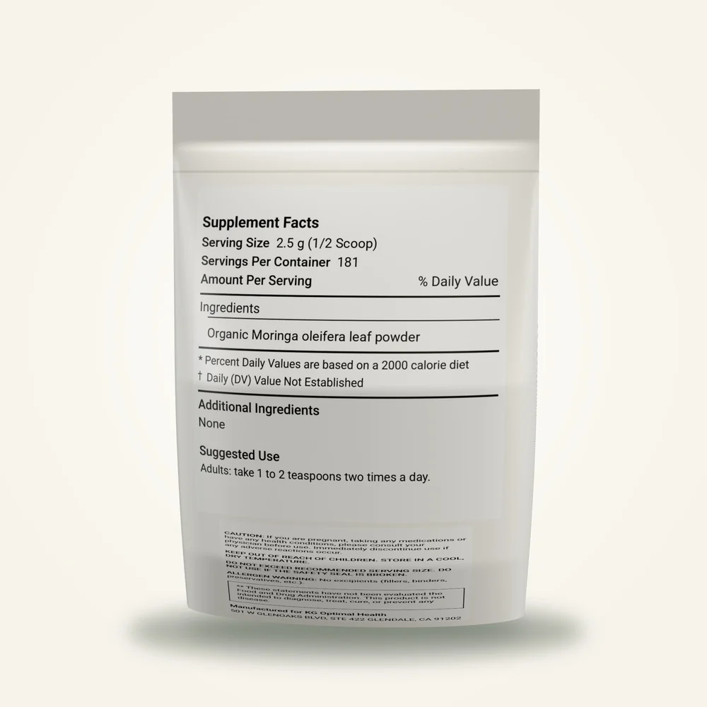 Moringa Leaf Powder pouch, back with Supplement Facts