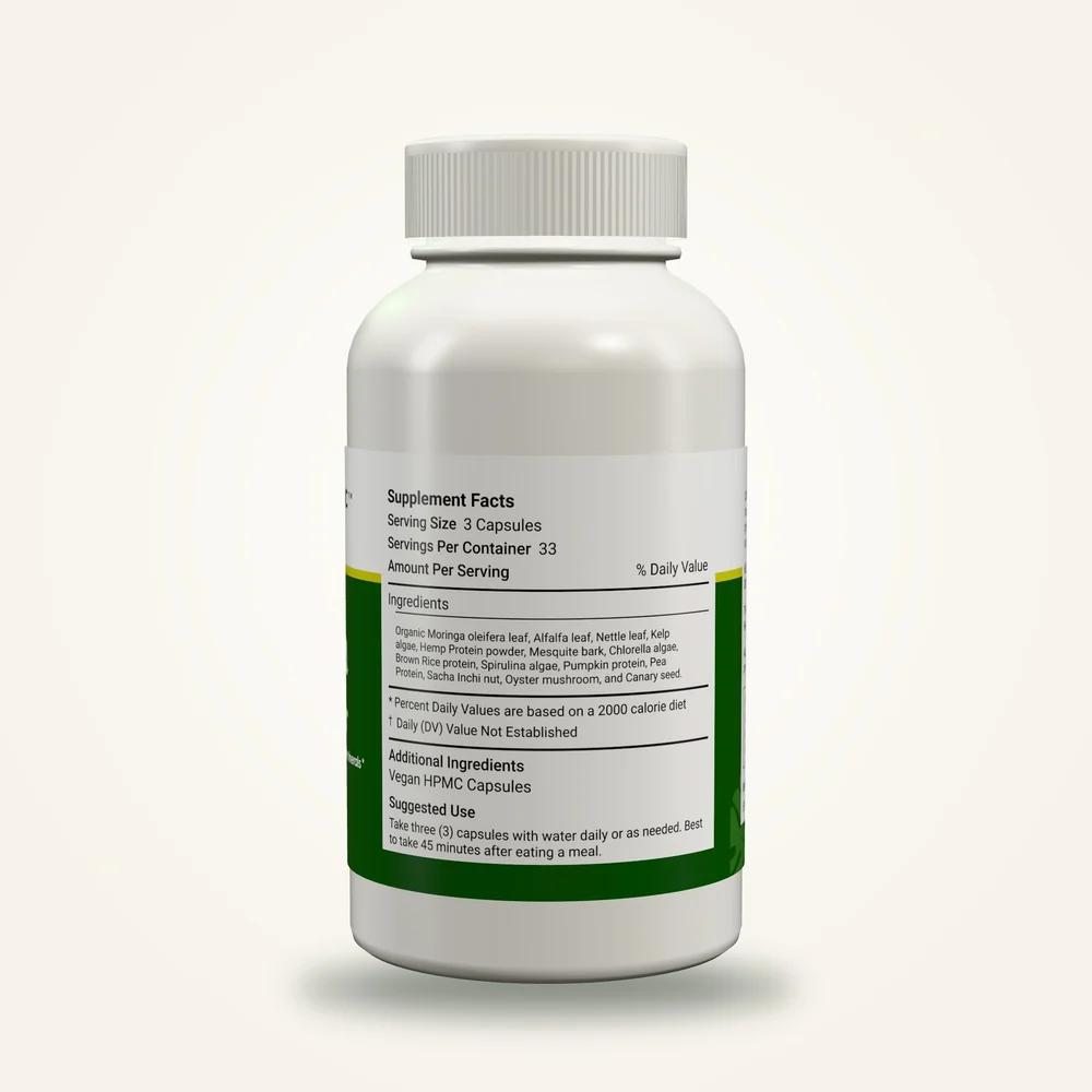 Moringa Protein Power bottle turned to its Supplement Facts panel