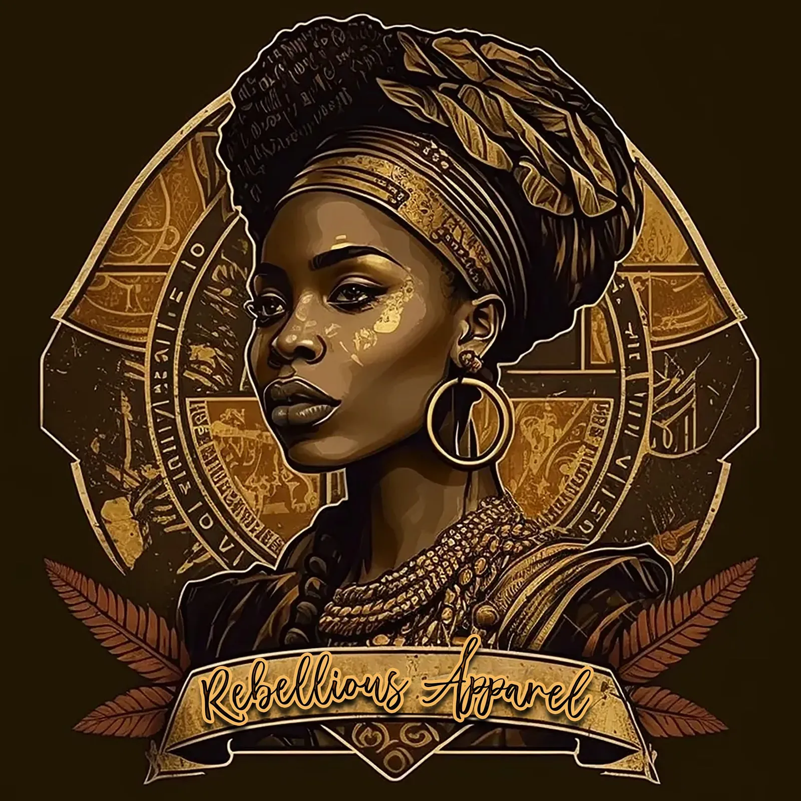 Rebellious Apparel emblem: a woman in a gold headwrap inside a ring, over a banner