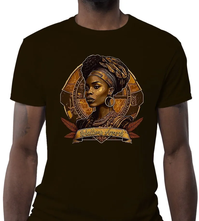 The emblem printed on a black tee