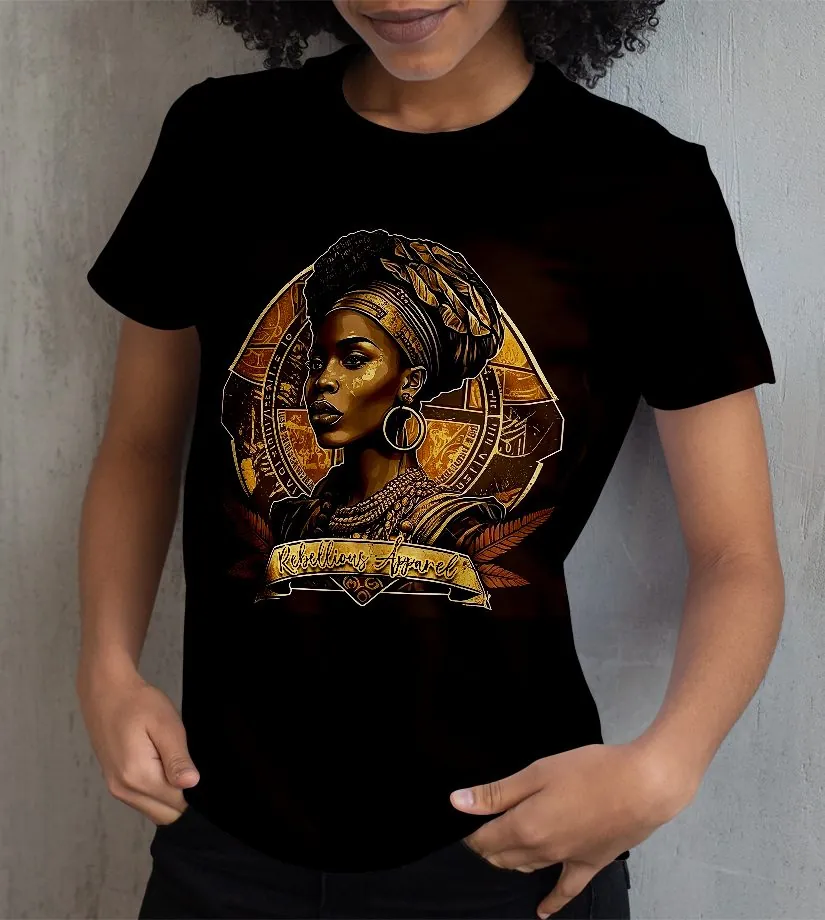 The emblem on a black tee, worn