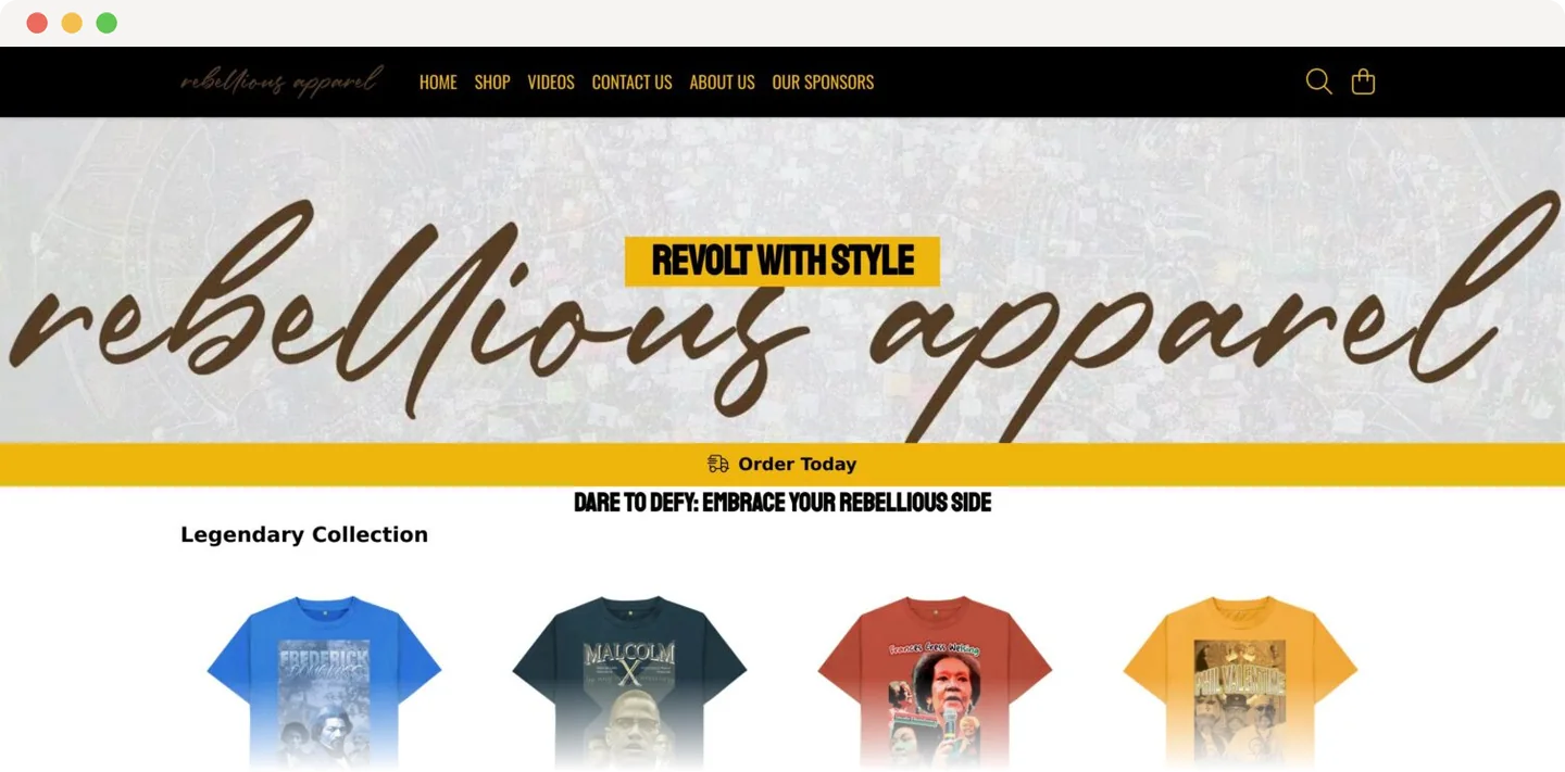 The Rebellious Apparel store: a hand-lettered header over the Legendary Collection of tees