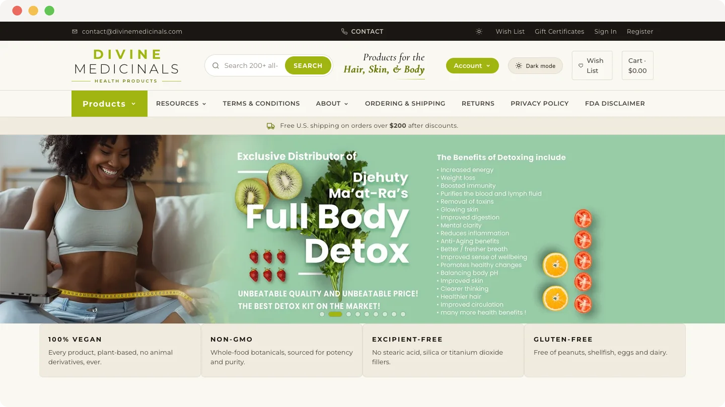 Divine Medicinals store in light mode