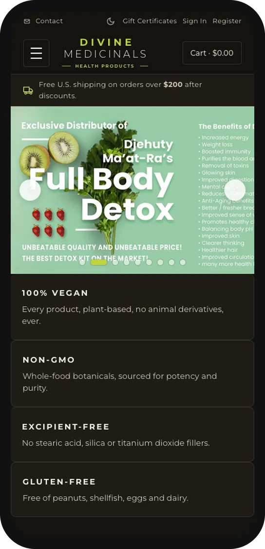 Divine Medicinals on a phone in dark mode