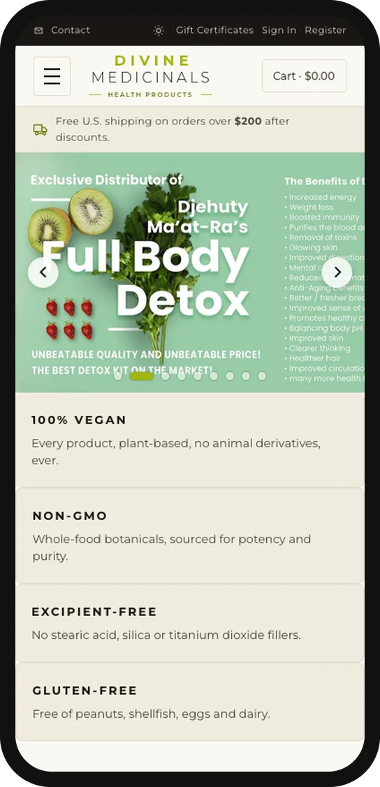 The Divine Medicinals store on a phone in light mode