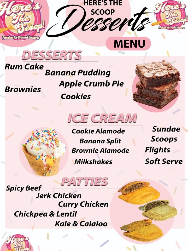 Here’s The Scoop sidewalk desserts menu in pink: desserts, ice cream and patties
