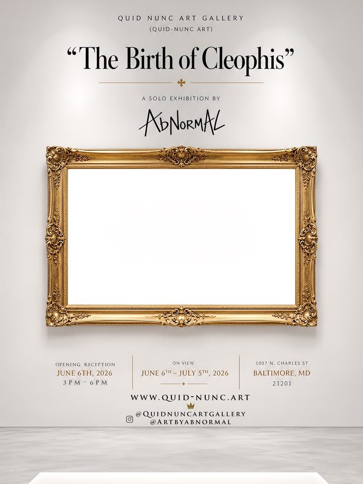 The Birth of Cleophis exhibition poster: a gilded frame on a gallery wall
