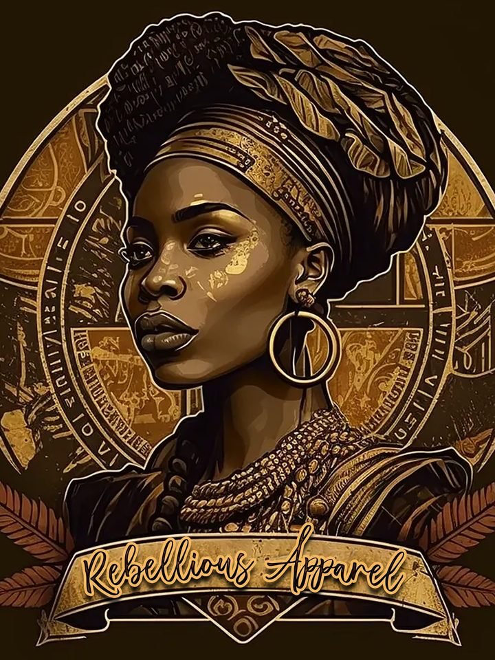 Rebellious Apparel emblem: a woman in a gold headwrap inside a ring, over a banner