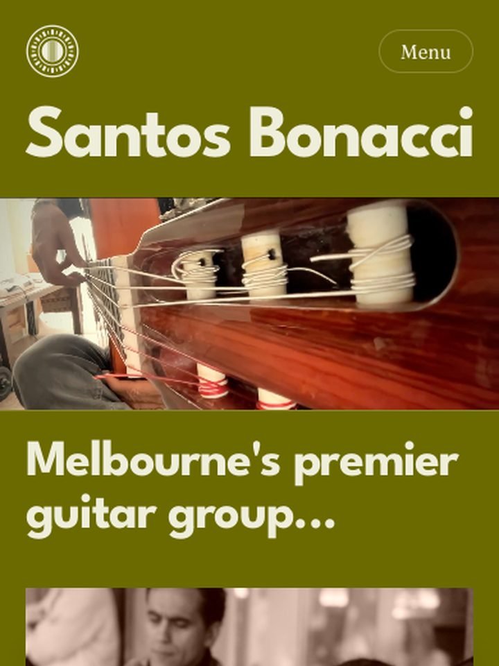 The Santos Bonacci site on a phone: the name in cream on olive over a film of his guitar