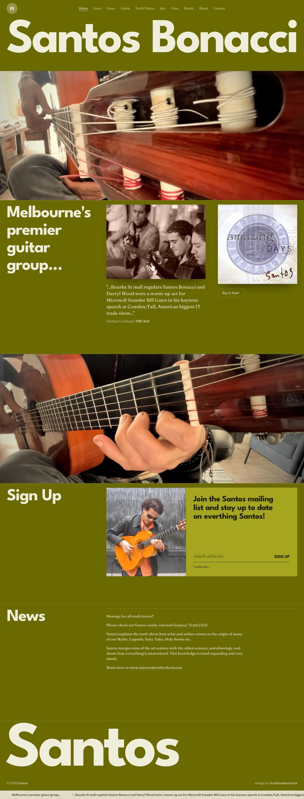 The whole Santos Bonacci home page: the name, guitar film loops, press, sign-up and news, all on olive